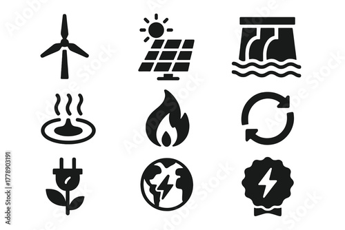 Energy sources silhouette icon set. featuring wind turbine, solar panel, hydroelectric, geothermal, biomass, and more