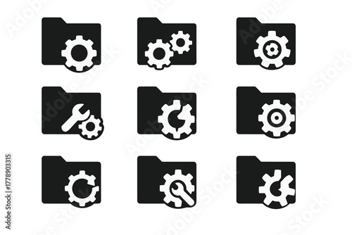 System settings silhouette icon set. featuring gears, folders, wrench, magnifying glass, and adjustment symbols