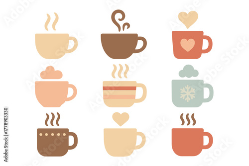 Coffee cup silhouette icon set. featuring steaming, heart, striped, snowflake, and foamy symbols