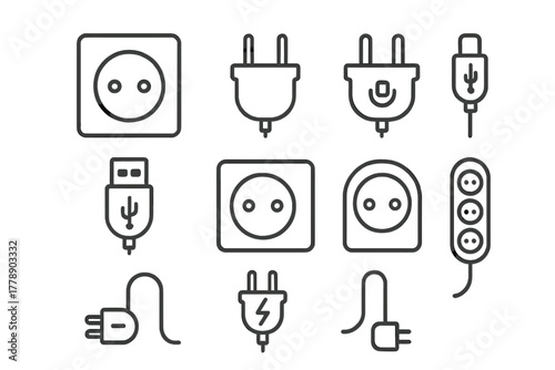 Electric devices silhouette icon set. featuring plug, socket, usb, charger, and power outlet symbols