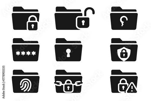 Folder security silhouette icon set. featuring locked, unlocked, password, and fingerprint file symbols
