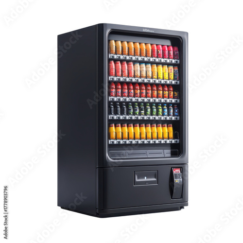 Modern black vending machine stocked with colorful drinks for refreshment on transparent background