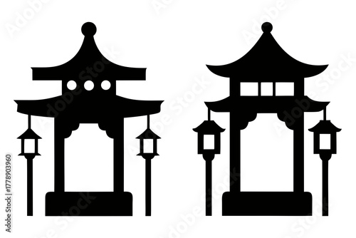 Chinese gate and lanterns silhouette vector illustration isolated on white background