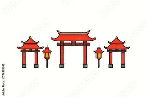 Chinese gate and lanterns vector illustration isolated on white background