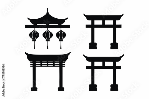 set of Chinese gate and lanterns silhouette vector illustration isolated on white background