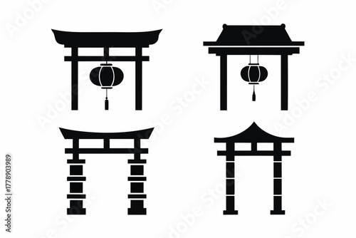 set of Chinese gate and lanterns icon silhouette vector illustration isolated on white background