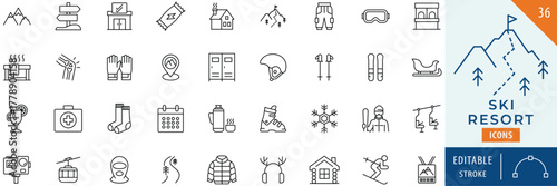 Ski Resort icon collection set. Editable stroke.