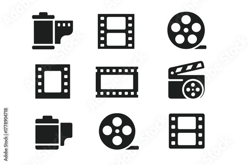 Film industry silhouette icon set. featuring camera roll, film strip, clapperboard, and movie reel symbols