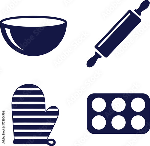 Baking Preparation Icons Mixing Bowl, Rolling Pin, Oven Mitt, Muffin Tray
