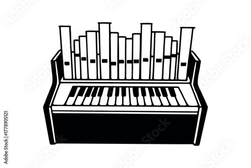 Simple line drawing of pipe organ keyboard and pipes