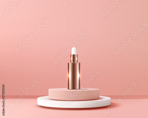 Luxury rose gold cosmetic serum dropper bottle mockup displayed elegantly on a stylish dual pink and white pedestal, perfect for premium beauty product advertising and branding