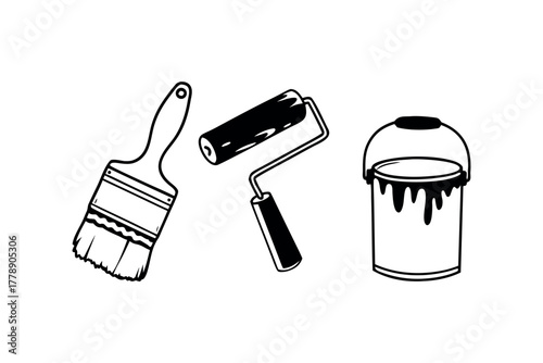Paintbrush roller and dripping paint can collection