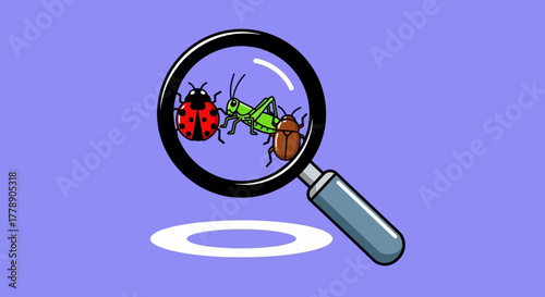 Cartoon Insects Under Magnifying Glass: Biodiversity and Entomology Illustration