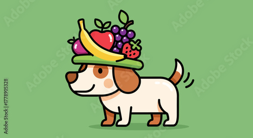 Playful canine character balancing vibrant fruits atop its head cartoon illustration