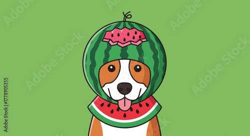 Playful pup portrait donning a delightful watermelon rind headdress and charming collar