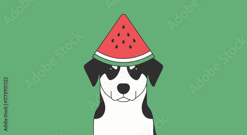 Playful dog wearing a watermelon hat against a serene green backdrop creating a whimsical scene