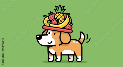 Playful illustration of a happy dog wearing a vibrant fruit hat on green background