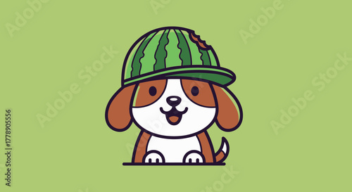 Playful pup sporting a watermelon rind cap, a whimsical and humorous canine character portrait