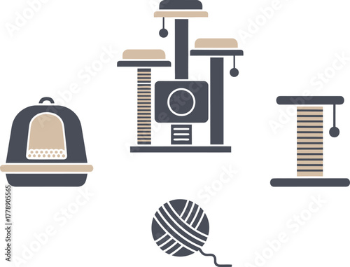 Cat Care Icons Cat Tree, Litter Box, Scratching Post, Ball of Yarn