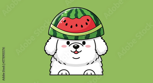 Cartoon illustration showcasing an adorable dog wearing a whimsical watermelon helmet against a