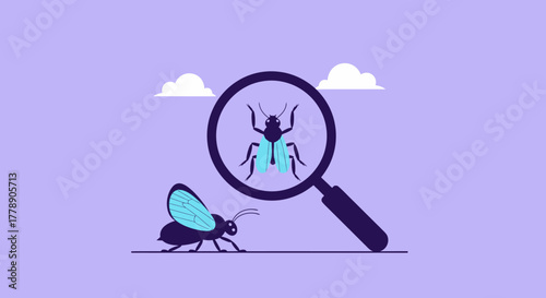 Conceptual illustration showing a bug under scrutiny with a magnifying glass on a muted purple