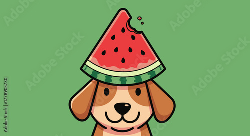 Cartoon canine character wearing refreshing watermelon slice as a summer hat illustration