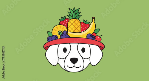 Whimsical canine wearing a vibrant fruit headdress in charming minimalist style design