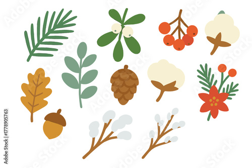 Winter plants flat icon set. featuring berries, cotton, pinecone, acorn, mistletoe, evergreen, and poinsettia