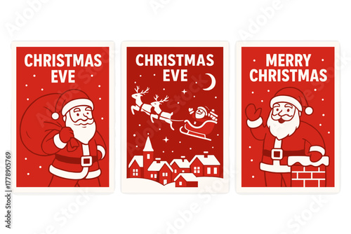 Christmas theme flat icon set. featuring santa, sleigh, reindeer, gifts, snow, and chimney symbols