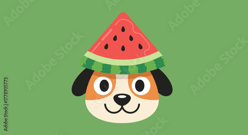 Cartoon dog wearing a watermelon hat against an olive green background representing summer fun