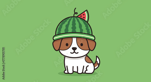 Whimsical watermelon dog illustration, cute puppy wearing a fruity hat for summer fun