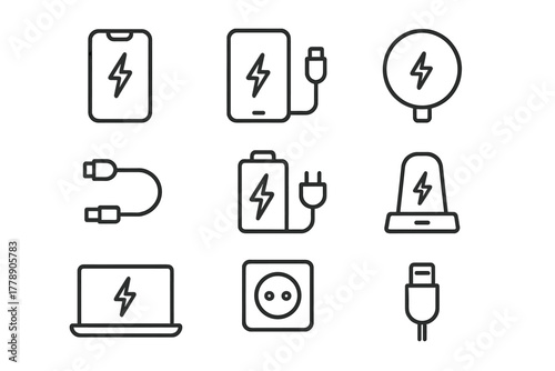 Charging devices linear icon set. featuring power bank, tablet, wireless charger, cables, battery, adapter, laptop, plug