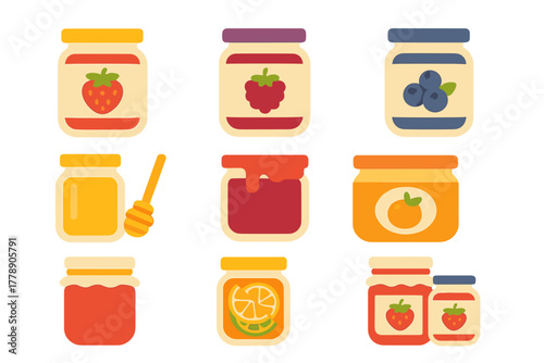 Preserves and honey flat icon set. featuring strawberry, raspberry, blueberry, honey, jam, citrus, and marmalade jars