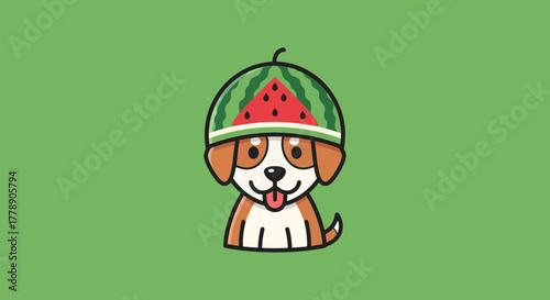 Adorable cartoon puppy wearing a humorous watermelon hat against a vibrant green backdrop