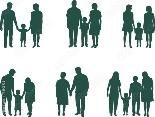 Family silhouette set, diverse parent child poses, black vector icons, relationship concept, social bond graphic, grouped figures – flat vector illustration