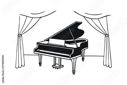 Grand piano on stage with draped curtains