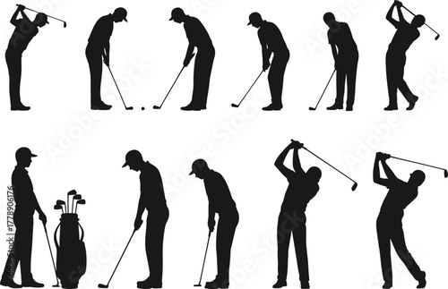 Golf swing silhouette set, golfer pose collection, sports movement icon, athletic figure bundle, golf action graphic – flat vector illustration