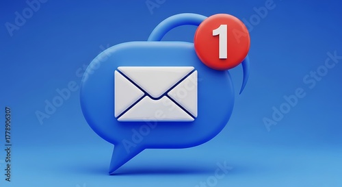 3D illustration of a blue speech bubble with an envelope icon and a red notification badge showing the number 1.