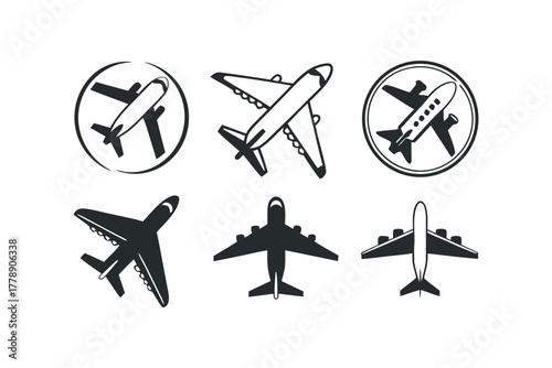Set of stylized airplane icons and symbols