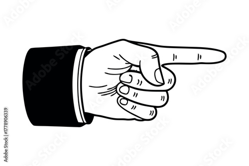Hand pointing right with bold outline and black suit cuff