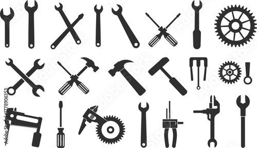 Mechanical tool silhouette set, wrench, screwdriver, hammer, gear, caliper, DIY icon collection, engineering tools, flat vector illustration