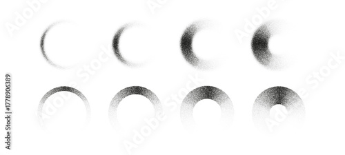 Stipple circle set with gradient grain texture and halftone pattern. Abstract dotwork spheres and spray effect. Vintage grunge design, retro geometric shapes, dust and noise vector elements 