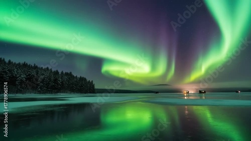 Vibrant aurora borealis displaying over frozen lake at night