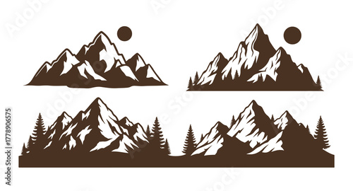 Mountain outlines. A vector representation of mountains, including outdoor design elements, scenic mountain views, trees, and pine vectors, highlighting mountain landscapes.