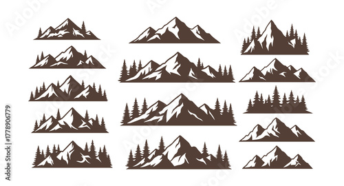 Mountain outlines. A vector representation of mountains, including outdoor design elements, scenic mountain views, trees, and pine vectors, highlighting mountain landscapes.