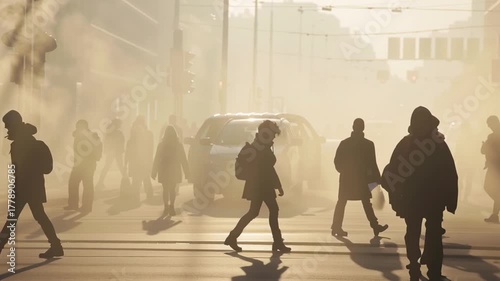 Air pollution concept video. People walking on the street of a city with polluted air.