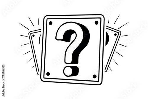 Graphic question mark on stacked cards with radiating lines