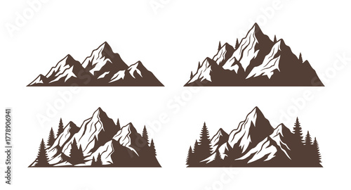 Mountain outlines. A vector representation of mountains, including outdoor design elements, scenic mountain views, trees, and pine vectors, highlighting mountain landscapes.