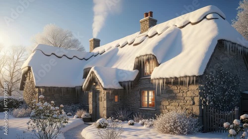 Winter cottage scene with snow covered roof and landscape