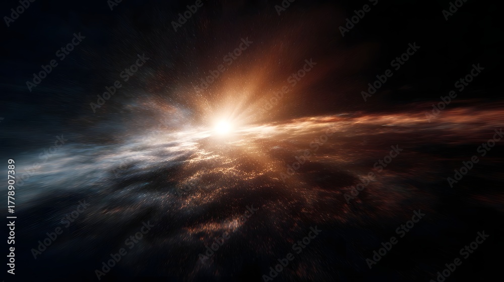 Naklejka premium Radiant cosmic nebula with bright central light source and swirling stellar clouds representing space explo n and discovery